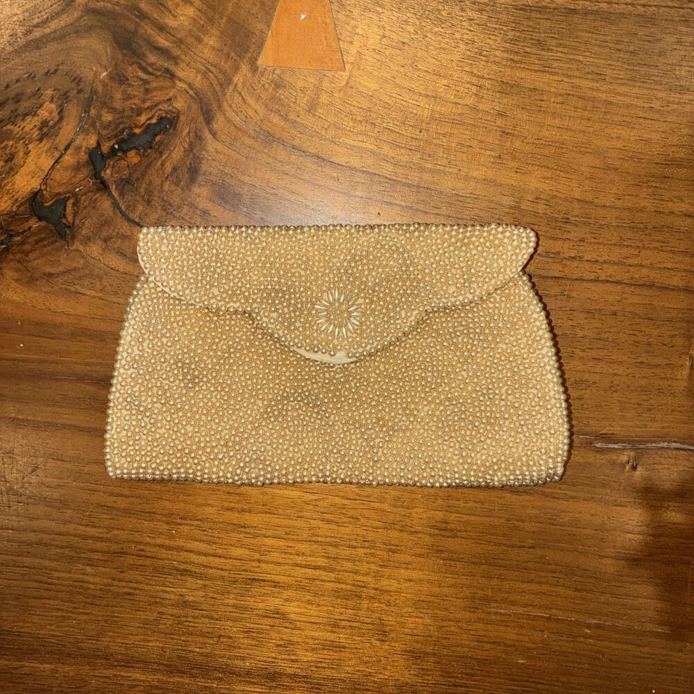 Vintage‎ MCM Ivory Faux Pearl Beaded Clutch Evening Bag Japan